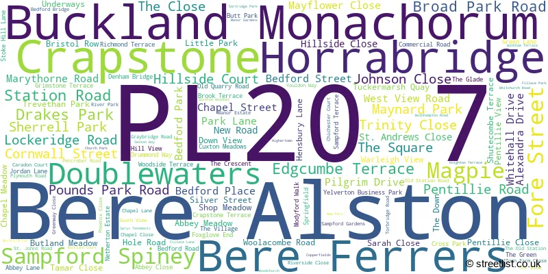 A word cloud for the PL20 7 postcode